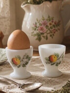 Vintage Arcopal France "Fruits de France" Milk Glass Egg Cups - Set of 2